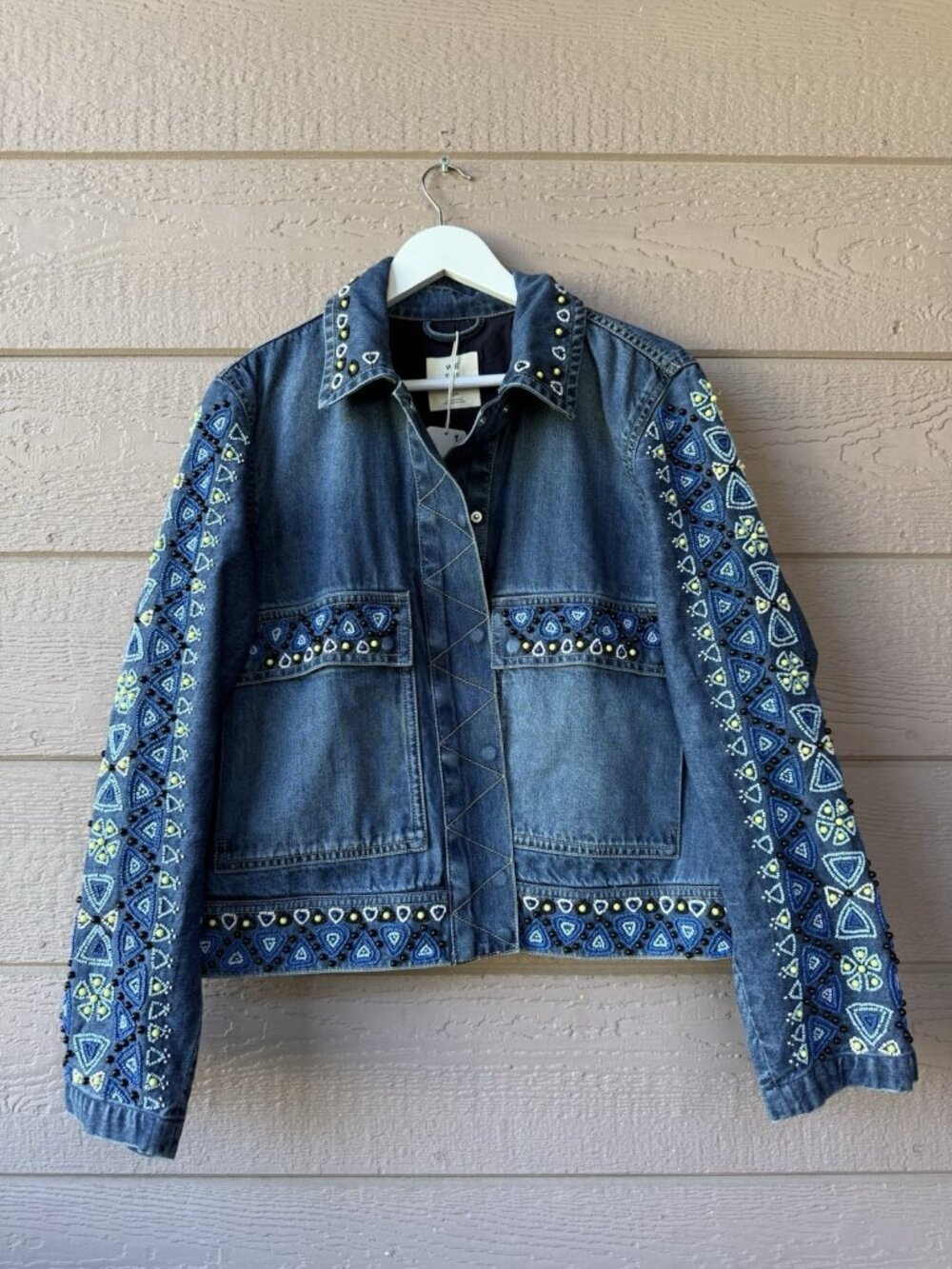 Free People We The Free Suzy Beaded Denim Jacket NWT SIze S MSRP $348 - Picture 4 of 11